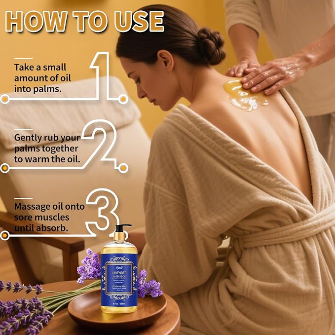 Pjordo Aromatherapy Lavender Massage Oil for Calming, Soothing & Relaxing, Natural Body Massage Oil for Massage Therapy with Jojoba & Sweet Almond, No Stain & Non-Sticky, Spa Gift for Her Him