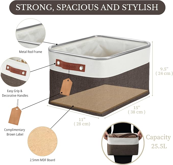 DECOMOMO Storage Bins, Large Fabric Storage Baskets for Shelves 4 Pack | 15 x 11 x 9.5 inches Decorative Linen Closet Organizers (Brown & White)