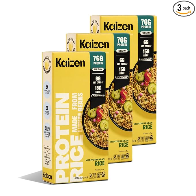 Kaizen Low Carb Rice, 20g High Protein, 6g Net Carb, Mediterranean (3-Pack) | High Fiber 15g, Gluten-Free, Keto-Friendly, Plant-Based Lupini Orzo, Non-GMO, Kosher, Protein Base for Bowls