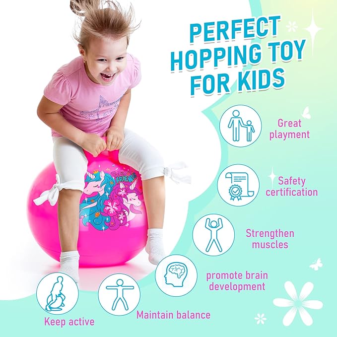 U&C Planet Hopper Ball 20 inches Bouncy Ball with Handle for Kids Age 5-9 Hoppity Hop Sit and Bounce Jumping Hopping Toy with Pump and Gift Box Great Gift for Birthday Christmas, Pink