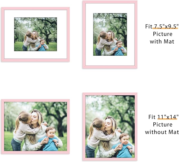 Picrit 11x14 Picture Frame Set of 12, Display 8x10 with Mat or 11x14 without Mat, Photo Frames for Wall Mounting or Table Top Display, Pink