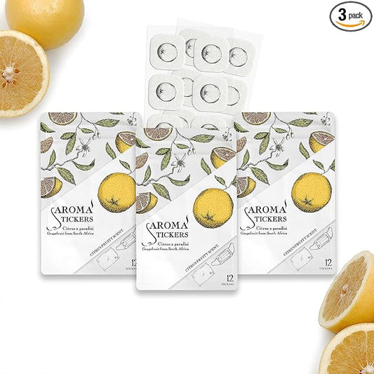 AROMA STICKERS® (Grapefruit, Pack of 3) - 100% Natural Essential Oil Stickers for Face Mask & Pillow (12 Stickers/pc) -Pure Essential Oil Scented Mask Patch/Personal Aroma/Relaxing/Refreshing