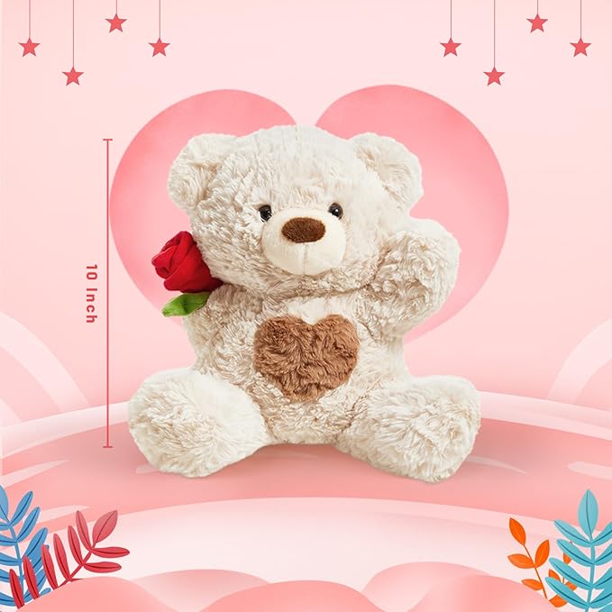 Rose Teddy Bear Stuffed Animals Soft Plush Toy Teddy Bear with Rose Gift for Mother Girlfriend Birthday Wedding 10", White