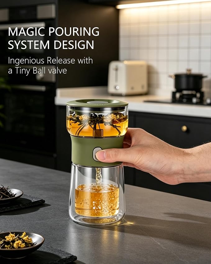 ZENS Modern Glass infuser Teapot, Small One Touch Tea Maker for Loose Tea Diffusers with 200ml Insulated Cup and Army Green Portable Carry Case, Magic Gongfu Tea Pot for Tea Lovers Gifts