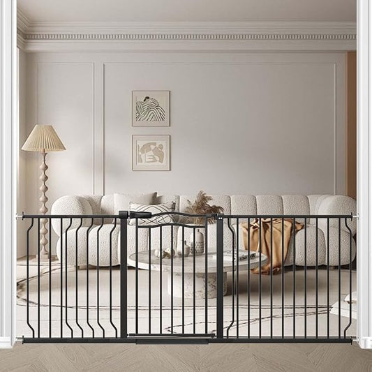 Fairy Baby 71.7"-81.1" Extra Wide Baby Gate for Doorways, Large Pet Gate for Wide Openings, Pressure Mounted Safety Child Gate for Stairs, Metal Auto Close Long Dog Gate with Door Walk Thru, Black
