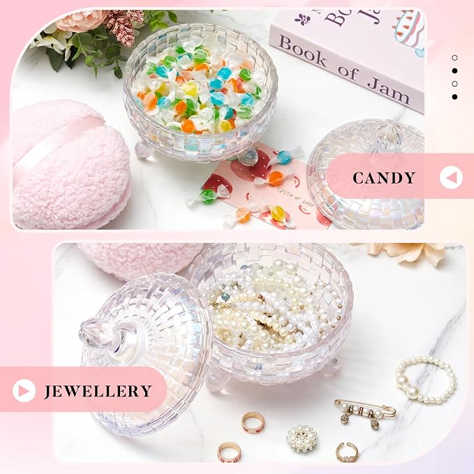 Tioncy 2 Pcs Extra Large Dusting Powder Puff and Container for Women-6'' Glass Crystal Dusting Powder Container with Body Soft Washable Reusable Velour Face(Glitter,Weave Design)