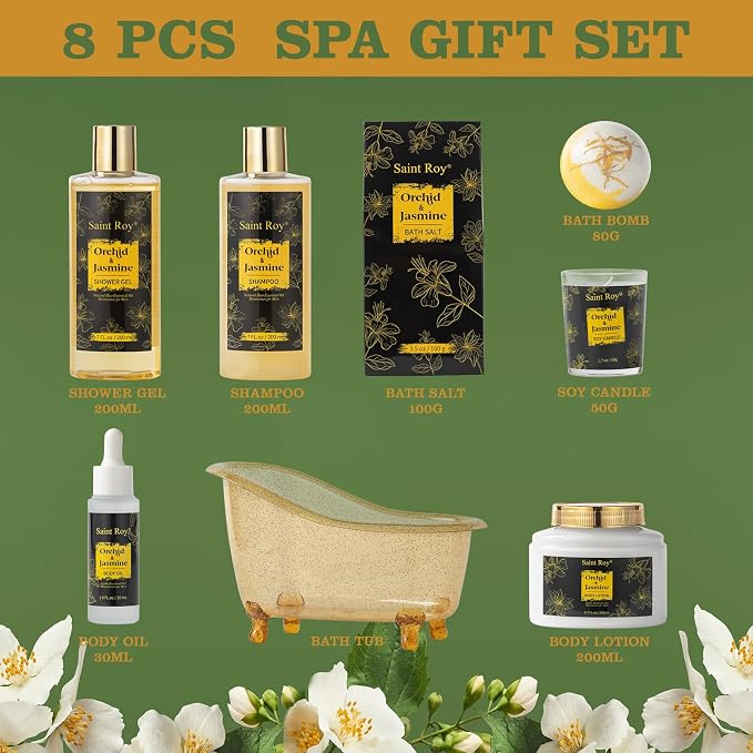 Spa Gift Basket Set, Pampering Home Spa Gifts for Women & Men Home Spa Gift | Spa gift set Christmas Gifts, Spa Kit Self-care Gifts, Spa Collection, Orchid Jasmine Bath and Body Gift, Spa Gifts Mom Dad