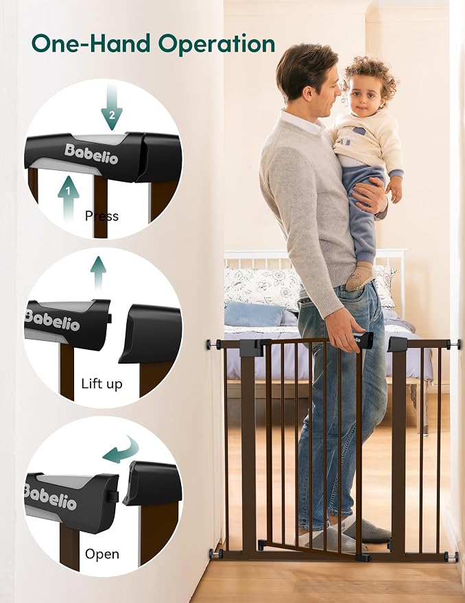 Babelio Baby Gate for Doorways and Stairs, 26-40" Auto Close Dog Gate, PressGuard C5, Easy-Install Pressure Mounted Satey Door, No Drilling Safety Gate for Child and Pets, Brown
