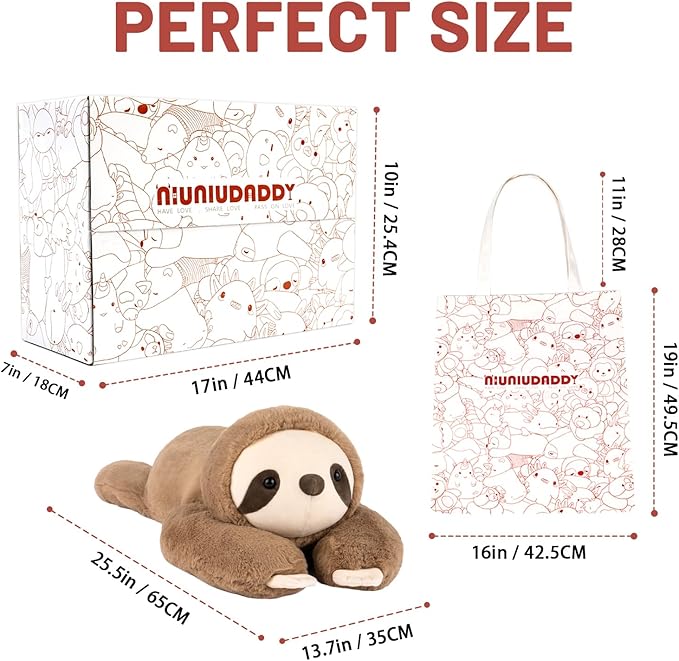 Niuniu Daddy 26" | 5LB Sloth Weighted Stuffed Animals for Adults Kids, Large Brown Sloth Weighted Lap Animal Plush Toy, Giant Body Pillow with Bag Stickers as Gift for Christmas Birthday Holidays