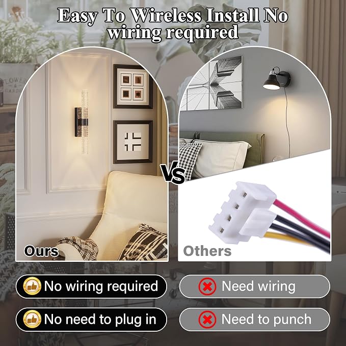 camuucci Battery Operated Wall Sconces Set of 2, Rechargeable Wall Lights | 12000mAh Long-Lasting Battery,Dimmable Cordless Sconce,No Wiring Needed for Bedroom,Living Room,Black 15.3-Inch