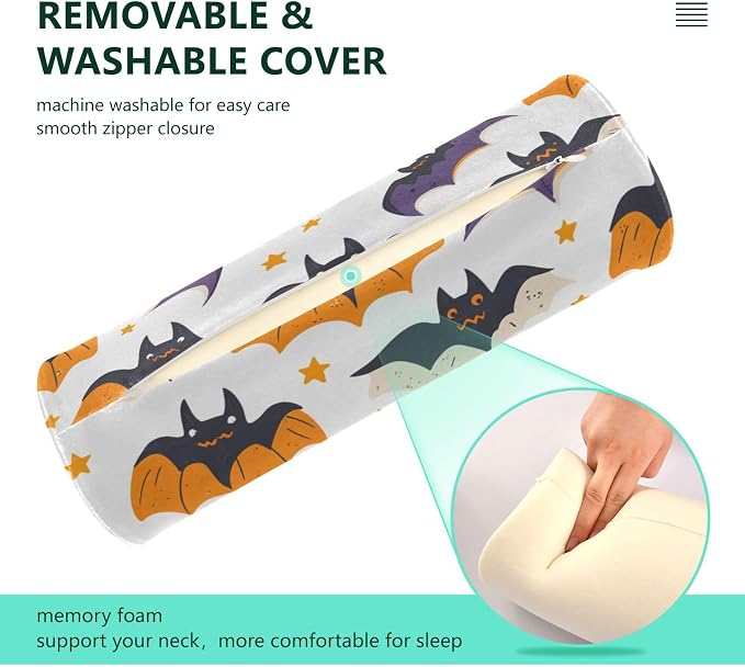 White Halloween Bats and Stars Neck Roll Pillow Bolster Round Health Memory Foam Long Cervical Cylinder Pillows with Removable Washable Cover for Body Bed Legs Back Yoga