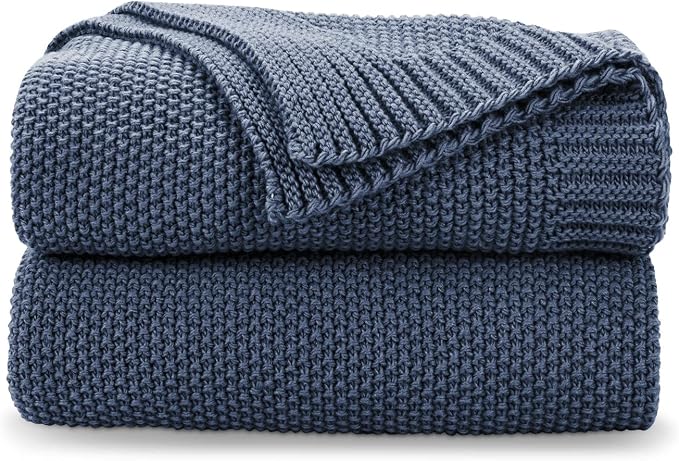 CozeCube Dusty Blue Seed Stitch Throw Blanket 50"x60", Farmhouse Decor | Blanket for Couch, Soft Cozy Cable Knit Throw for Bed Sofa Living Room, Lightweight Warm Decorative Christmas Blanket
