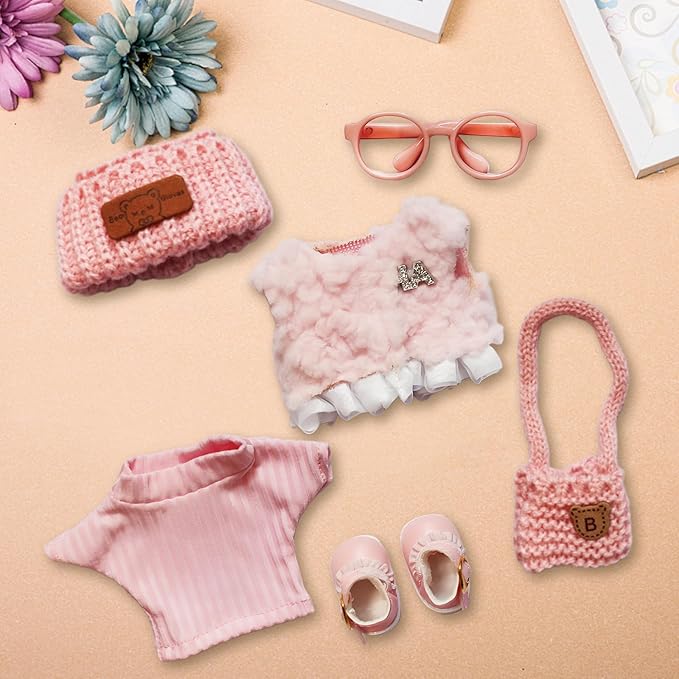 6 Piece 17cm Doll Clothes, Fun Dress-Up Outfit Set with Accessories for 17cm Dolls, Pink Style Outfit Set with Undershirt + Plush Vest + Knitted Hat + Small Bag + Shoes + Glasses, No Doll Included