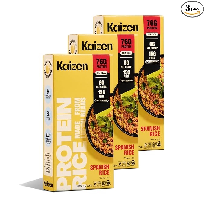 Kaizen Low Carb Rice, 20g High Protein, 6g Net Carb, Spanish 8 Oz (3-Pack) | High Fiber 15g, Gluten-Free, Keto-Friendly, Plant-Based Lupini Orzo, Non-GMO, Kosher, Protein Base for Bowls