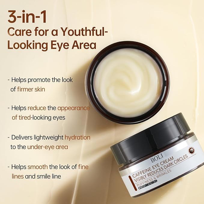 BOLI Caffeine Eye Cream, Under Eye Cream Niacinamide Peptides for Puffy Bags Fine Lines Dark Circles (1.05 oz)