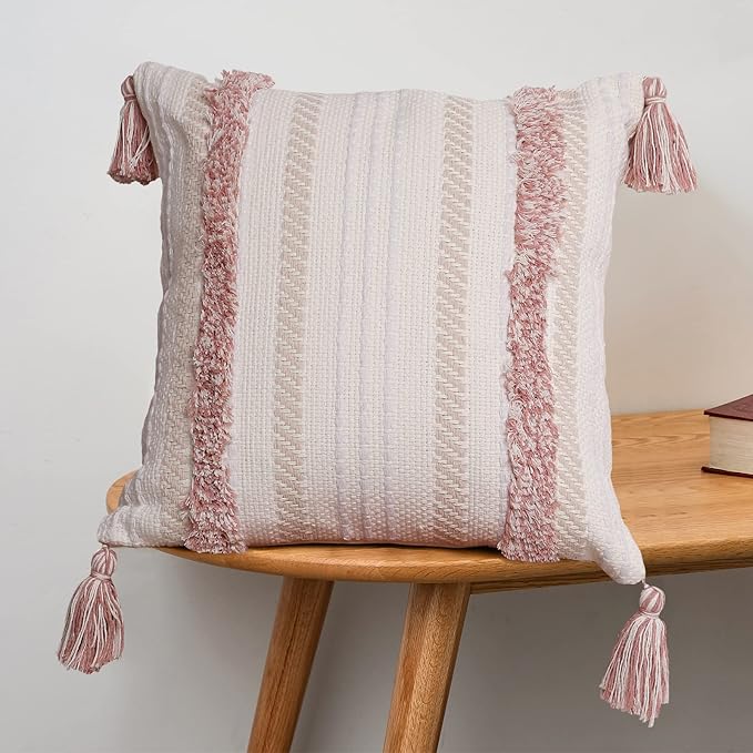Boho Tufted Square Pillow Cover 22 × 22 in – Neutral Pink | Woven Farmhouse Accent Decorative Throw Pillow Cover with Tassels & Invisible Zipper for Couch, Bed or Living Room