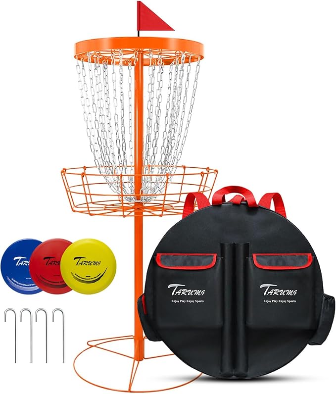TARUMG Disc Golf Basket - Portable Disc Golf Target with Heavy Duty 24-Chains Come with Transit Bag and 3pcs Disc Golf Discs, Ground Stake -Suitable for Players of All Levels - Multi Color Available