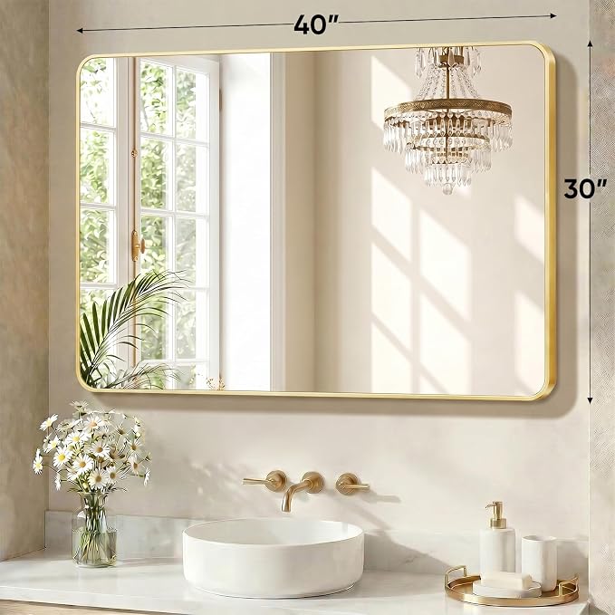 Sweetcrispy Bathroom Mirror for Over Sink, 30x40 Inch Wall Mount Mirrors with a Rounded Rectangle and Matte Metal Frame, Modern Wall Vanity Mirror for Home Decor, Living Room, Bedroom, Gold