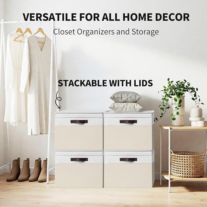2 Pack EXTRA LARGE Blanket Storage Baskets with Lids, 22”x16”x12” Closet Organizers Bins for Clothes Towel/ Toy Storage Box with Lid Handles/ Stackable Decorative Fabric Bins for Living Room, Nursery