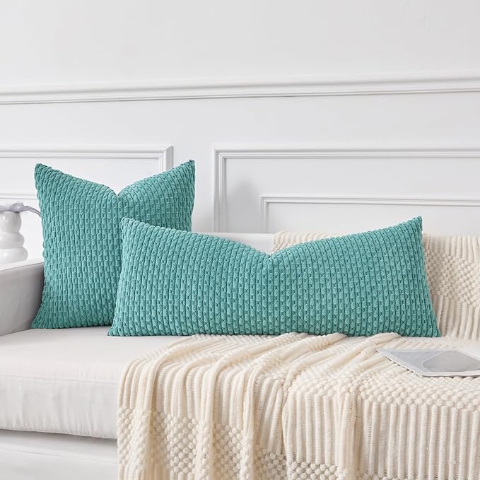 Kevin Textile Soft Corduroy 14"x36" Lumbar Pillow Cover 1 Pack, Aqua Green | Boho Stripe Plush Corduroy Decorative Oblong Cushion Cover Modern Farmhouse Home Decor for Sofa Couch Bed Chair