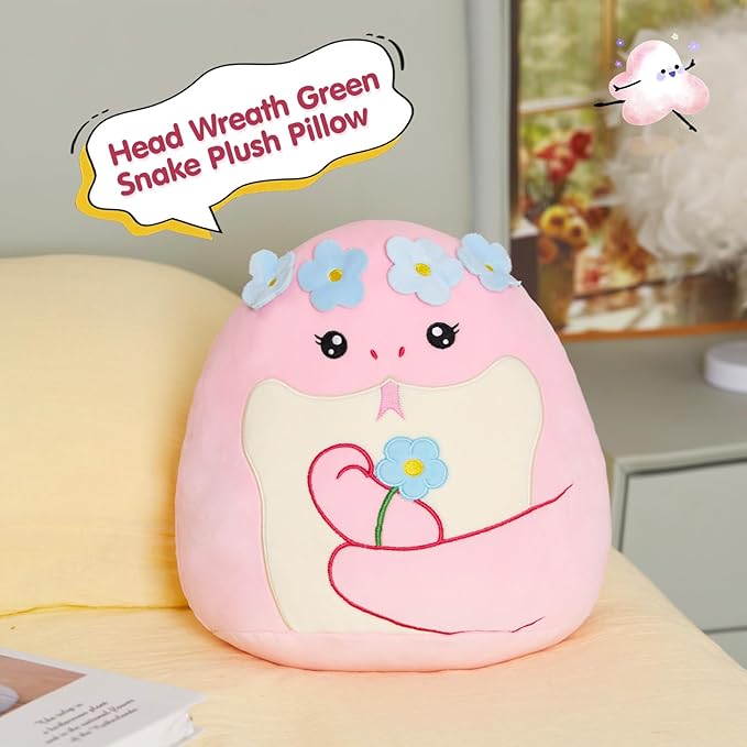 SpecialYou Flower Crown Pink Snake Plush Pillow - Soft Snake Stuffed Animal Pillow Plushie Toy Birthday Gift for Kids, Boys & Girls 14inch