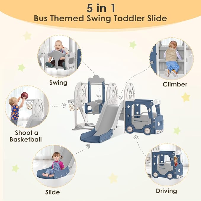 BIERUM Toddler Slide for Toddlers Age 1-3 with Basketball Hoop and Swing, Baby Slide for Kids Ideal Gift, Indoor Outdoor Backyard Playground Blue Gray
