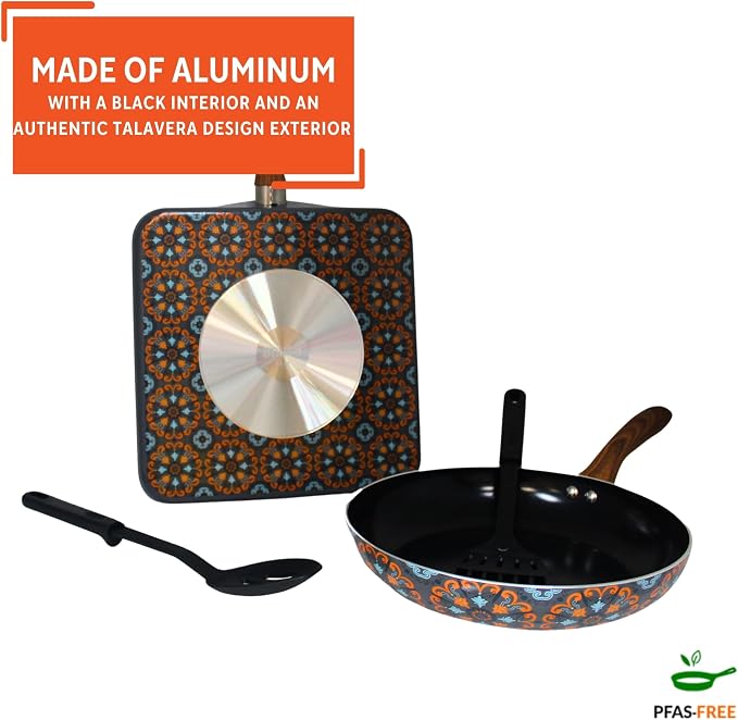 IMUSA Talavera Aluminum Black Ceramic Value Fry Pan & Square Griddle Set | Mexican design, Perfect for daily cooking
