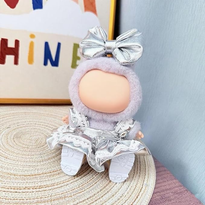Clothes for Labubu, 2-Piece Skirt & Bow Hair Accessories Outfit Set for Labubu Doll - 17cm Dolls Clothes Cute & Silver Overalls Skirt (NO Doll)