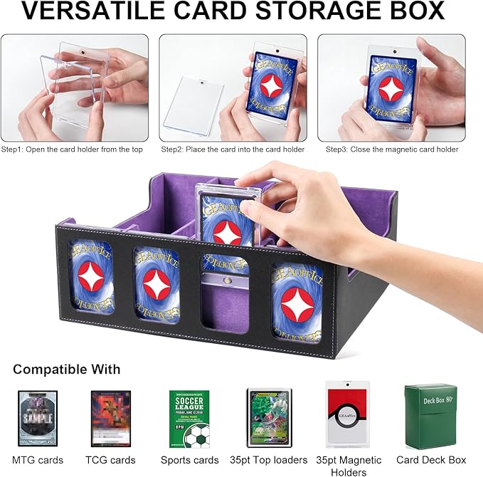 GEAoffice Card Storage Box with Commander Display for 3200+ Trading Cards, 4-Row Deck Case with Magnetic Removable Lid for MTG/TCG/Sports/Games, 10 Stoppers, 24 Dividers, 1 Dice Tray, Black Purple