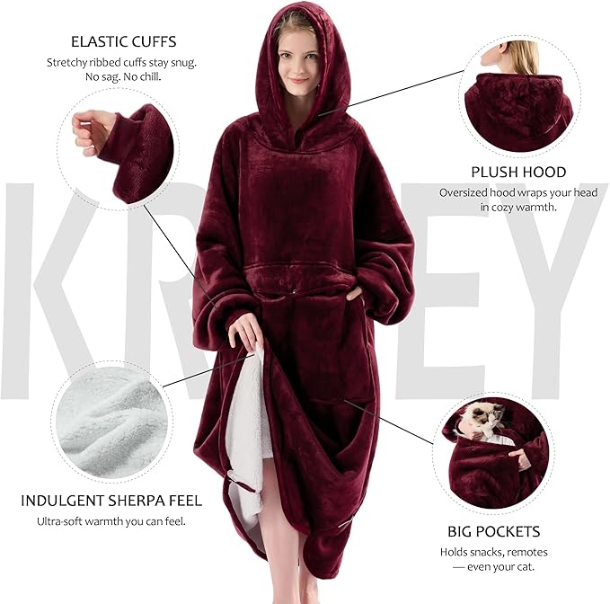 Krifey Big & Tall Wearable Blanket Hoodie with Cat Pocket, Extra Long Oversized Fleece Blanket for Adults, Cozy Birthday Gifts, Christmas Gifts