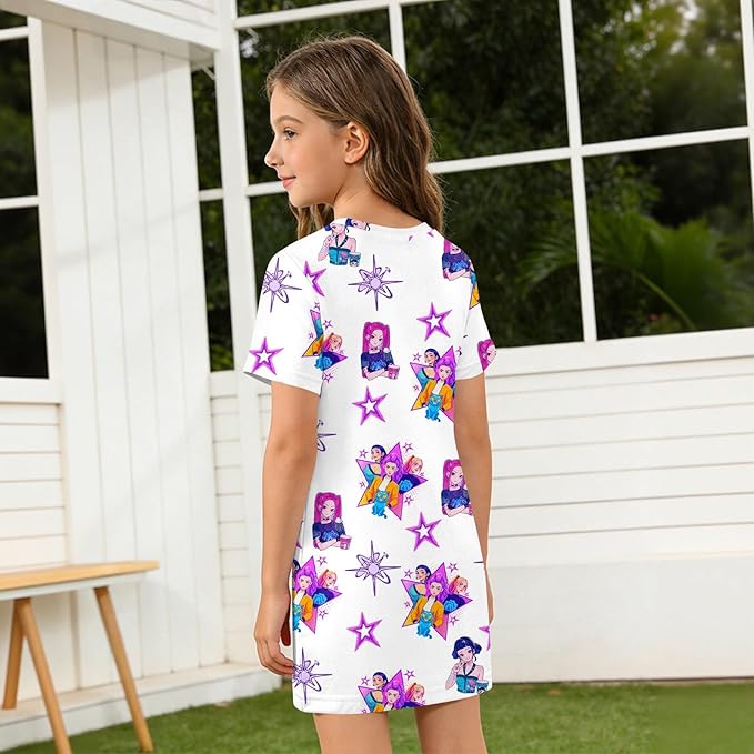 Girl's Anime K-POP Graphic Long Dress T-Shirt - Casual Loose Fit Short Sleeve Top