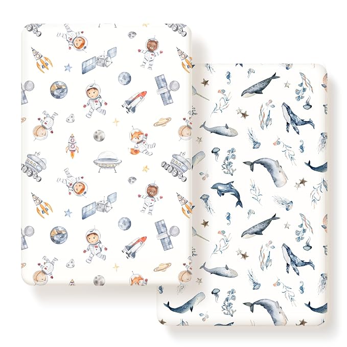 GRSSDER Stretchy Ultra Soft Jersey Knit Pack and Play Sheets 2 Pack, Portable/Mini Crib Sheets Universal Fitted for Playpen Mattress Safe and Snug, Cute Sea Fish & Space Print