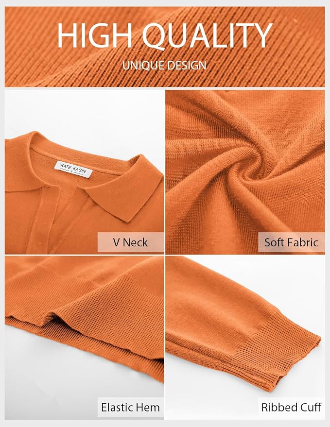 Women's Long Sleeve Classic V Neck Casual Fall Winter Polo Sweater Tops | Basic Collared Knitted Fashion Work Business Formal Daily Wear Versatile Pullover Shirts