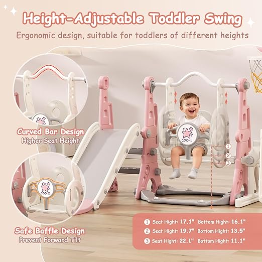 BIERUM Toddler Swing and Slide Set - 6 in 1 Baby Slide for Toddlers Age 1-2, with Basketball Hoop, Soccer and Golf Game, Indoor Outdoor Toddler Playset Pink