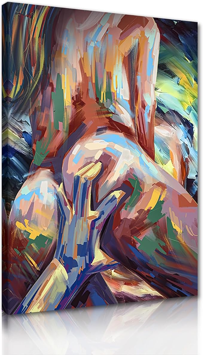 Yeesjoee Sexy Nude Woman Wall Art Canvas Prints, Abstract Body Painting Vibrant Color & Modern Bold Brushstroke, Lovers Posters Decor for Bedroom Sexual Bathroom Laundry Ready to Hang, 12x16 in Framed