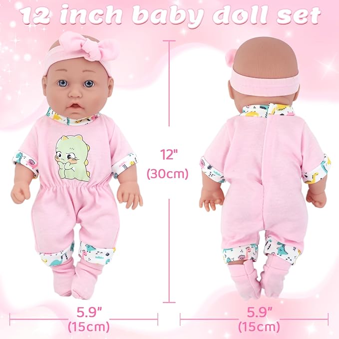 UNICORN ELEMENT 12 Inch Baby Doll and Clothes and Accessories，inches 12 inch New Born Vinyl Baby Dolls, 2 Sets of Doll Clothes, Diapers, Feeding Bottle, Pacifier, Toddlers 3+ Years