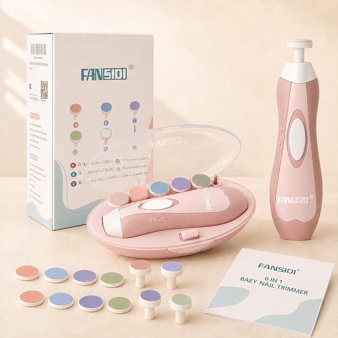 Fansidi Baby Nail Trimmer Electric, Easy & Safe Nail File for Newborn to Toddler, Whisper-Quiet Nighttime Use, Precise 4-Stage Grinding Heads, LED Light, 18-Pcs Kit, Blush Petal Pink, Baby Shower Gift