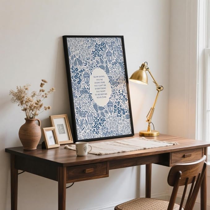 Slow Down You're Doing Fine Music Poster Motivational Song Lyric Blue Wall Art Vintage Positive Quote Daily Reminder Floral Canvas Print for Office Bedroom Home Decor 8x12inch Black Framed