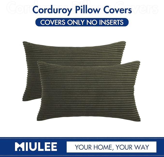 MIULEE Lumbar Corduroy Throw Pillow Covers Set of 2 12x20 Olive Green | Decorative Soft Striped Textured Cushion Cases, Boho Pillowcases for Home Decor, for Couch Chair Sofa Bed Living Room