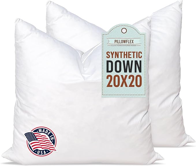 Pillowflex Synthetic Down Pillow Insert 20x20 in - Karate Chop Pillow | Set of 2 - Large Square Sham Forms, Plush Polyester Cotton Blend, Cloud-Like Comfort, Clump-Resistant Fill, Smooth Finish