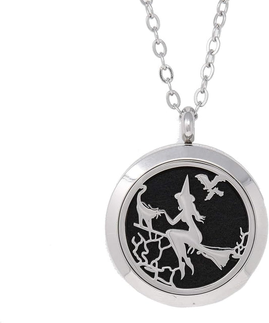 Aromatherapy Essential Oil Diffuser Stainless Steel 30MM Silver Magnetic Locket Pendant 2 Sizes Chain Necklace, Refill Pads & Diffuser Bracelet in a Velvet Bag (Witch)