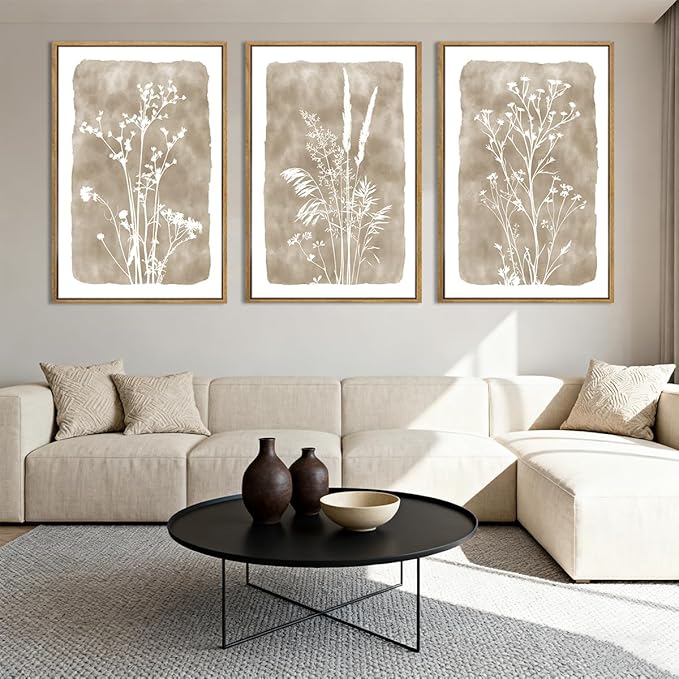 ANHUIB Beige Neutral Floral Canvas Wall Art 24x36 Inch Framed Brown Botanital Wall Decor Large Rustic Farmhouse Wildflower Artwork Boho Vintage Plant Art Prints Set of 3 for Living Room Bedroom Office
