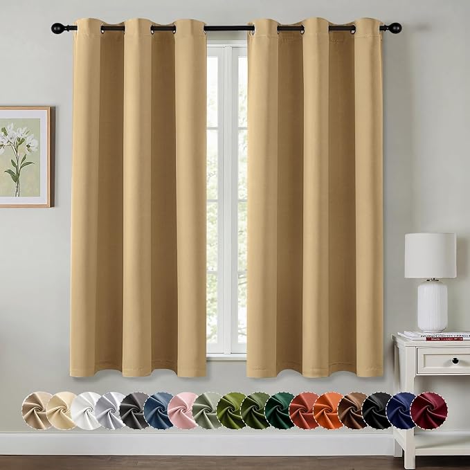 MIULEE Blackout Curtains for Bedroom 2 Panels 40 x 45 Inch Long Gold | Thermal Insulated, Living Room Darkening Grommet Drapes, Noise Reducing, Light Blocking Window Treatments