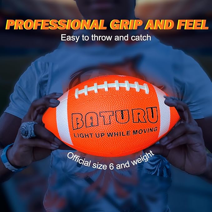 Light Up Football, Glow in The Dark Balls Toys, Junior NO 6 - Birthday Gifts for Boys Kids Teen Youth 8 9 10 11 12 Year Old, Catch Games in Backyard Evening, Camping, Beach, Outdoor (Orange+Black)
