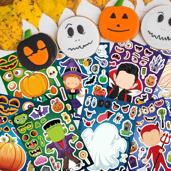 24 Sheets Halloween Stickers - Make Your Own Stickers for Kids, Make a Face Sticker, Halloween Party Favors Crafts Gift