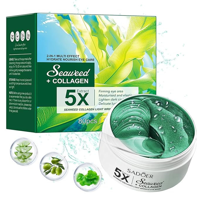 Seaweed Brightening Under Eye Patches (80 Pieces) with Collagen & Hyaluronic Acid, Moisturizing Eye Mask Gel Pads for Eye Bags, Fine Lines,Dark Circle,Puffiness, Bridesmaid Birthday Gifts for Women