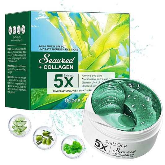 Seaweed Brightening Under Eye Patches (80 Pieces) with Collagen & Hyaluronic Acid, Moisturizing Eye Mask Gel Pads for Eye Bags, Fine Lines,Dark Circle,Puffiness, Bridesmaid Birthday Gifts for Women