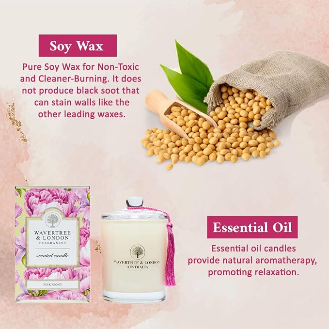 Wavertree & London Organic Pink Peony Scent Soy Wax Candle | Non Toxic 100% Cotton Wick Triple Scented Pure Natural Soy Wax Candles, Hand Poured in Australia | 60 Hours Burning Time, 11.66 Oz