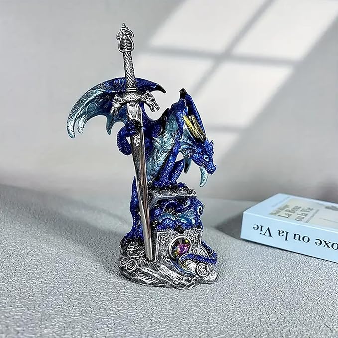 Dragon Statue Holding Silver Draconian Sword Letter Opener Figurine Dragon Sculpture Medieval Fantasy Home Office Decor 7.68 Inches (Blue)