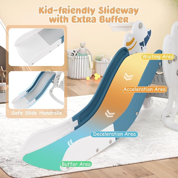 Costzon 4 in 1 Toddler Slide and Swing Set, Rocket Indoor Outdoor Baby Swing w/Slide, Swing, Climber, Basketball Hoop and Ball, Kids Climber Playground Playset for Boys Girls Gifts Presents